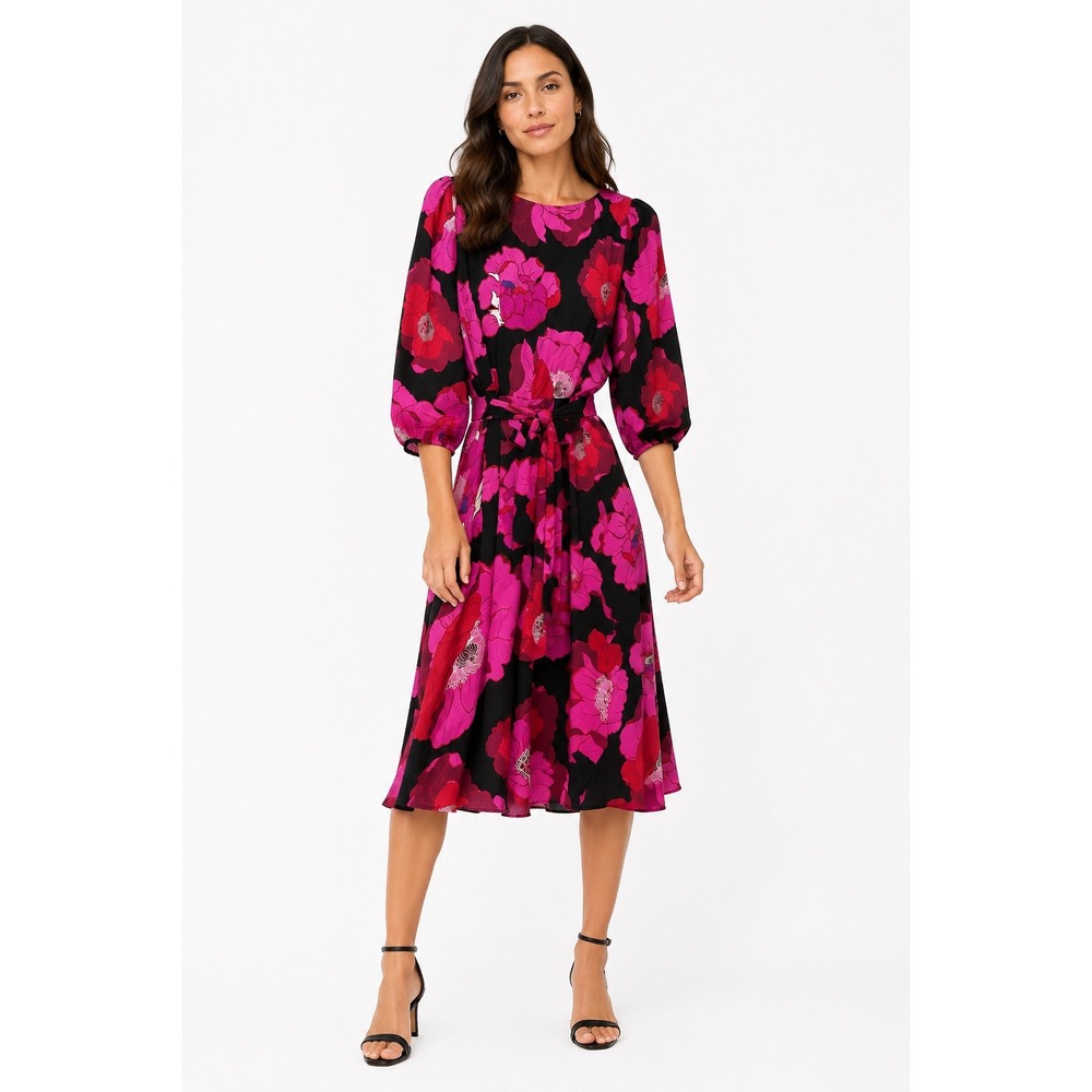 Talbots Floral Midi Dress Womens 14P Black Pink Red Puff Sleeve Beltedโ Romantic